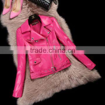 Wholsales Spring Black and Pink Girls 100% Real leather short coat