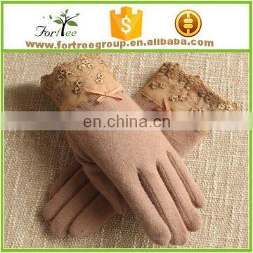 lady stylish women wool warmer gloves with lace trim magic finger golves