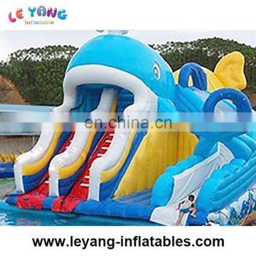 Inflatable Whale shape wet slide with pool, inflatable slide with 2 path