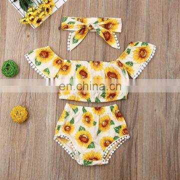 Bright sunflower pattern fly sleeve top matching bummies and headband 3pcs lovely Baby Girl suit