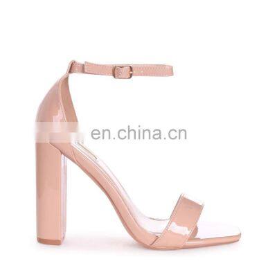 Ladies fancy handmade design high heels nude patent ankle strap block heel women sandals shoes