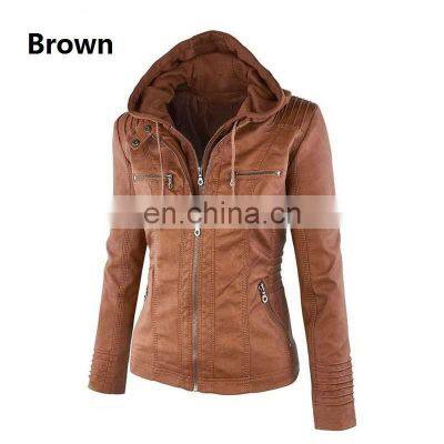 Customized wholesale Plus size women's detachable hooded leather jacket coat top motorcycle jacket PU pilot motorcycle suit