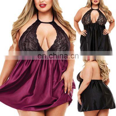 Plus Size Women's Clothing Sexy underwear big size fat woman home sexy lace Nightgown perspective hollow out pajamas skirt 1281