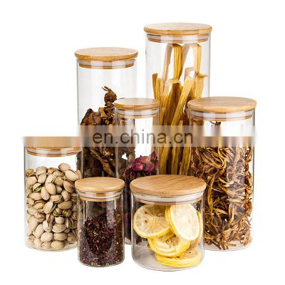 high borolicicate glass jar with bamboo lids, 350ml 450ml 750ml 950ml food grade glass storage jar