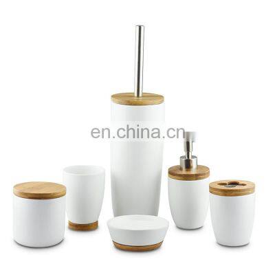 Latest Design Bathroom Accessory Bamboo and Ceramic Bathroom Accessory White Modern Elegante Bathroom Accessory Set