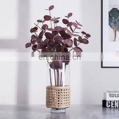 Cylinder Garden Rustic Clear Transparent Woven American Style Flower Arrangement Glass Rattan Vase photo-4