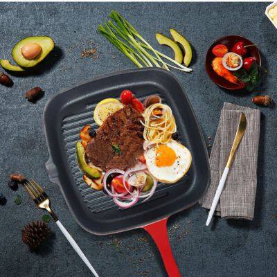 Enameled Cast Iron Steak Grill Pan - Square Skillet With Drip Spout, for All Cooktops, Perfect Grill Marks, Cardinal Red photo-3