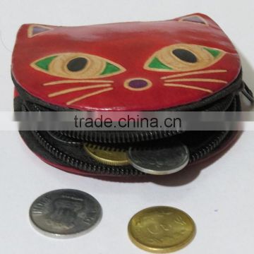 Fancy Coin pouch pure leather Cat design Zip gift purse mini slim bag