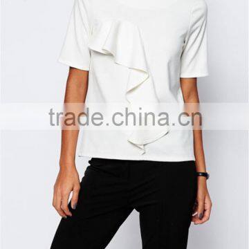 bouncy plain short sleeve O-collar casual blouse with pleated ornament for women OEM service