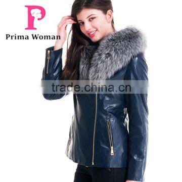2015 New Design Women Leather Winter Jacket With Short Silver Fox Hat Overcoat photo-2