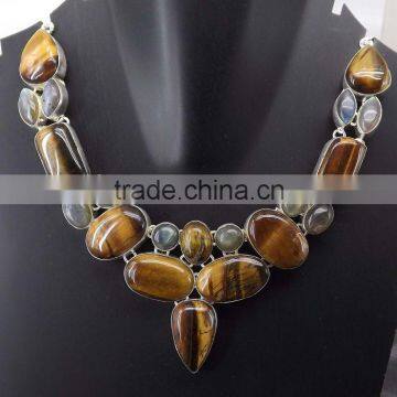 Tiger Eye, Labradorite Necklace plated 925 Sterling Silver 79 Gms 18-20 Inches