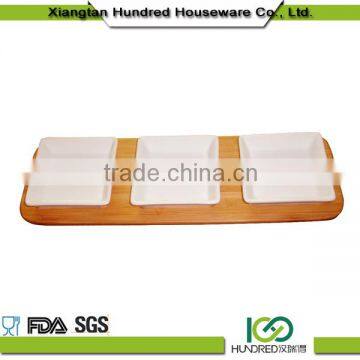 3pcs Best quality eco-friendly hand bamboo tray sets with natural ceramic dishes