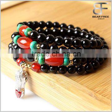 Multi-Strands Natural Black Agate Buddhist Prayer Mala Beads Wrap Necklace Bracelet with Silver peanut