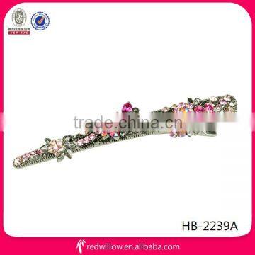 2014 Stylish pink crystal flower hair extension snap clip