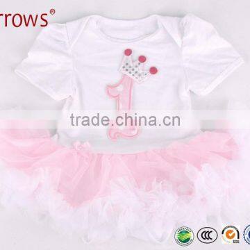 Birthday Crown Applique Infant Party Dress Tutu Baby Girl Rompers Cotton Short Sleeve Clothing