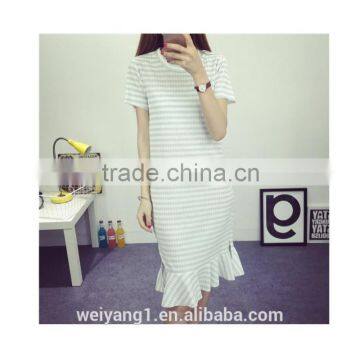 New fashion puffy gray striped women one-piece dress with flouncing hem