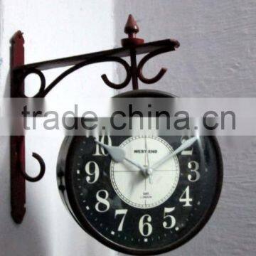 Black color Metal decoration hanging Double side wall clock with beautiful metal bracket