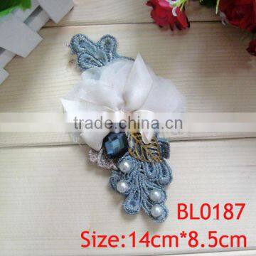 Custom wholesale vintage beautiful ribbon fabric rhinestone cloth applique for wedding dress