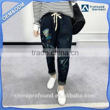 Custom women loose cotton pants denim jean embroidered jeans pent