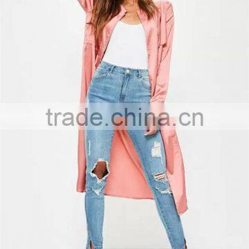 MGOO 2017 New Design Manufacturer Custom Satin Long Jackets Summer Beach Cardigan Pink Duster Jackets photo-3