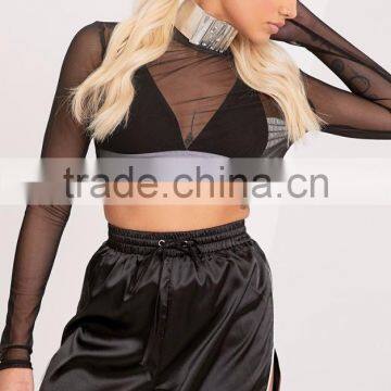 High Waist Women Plain Black Satin Contrast Binding Runner Shorts With High Curved Side photo-5
