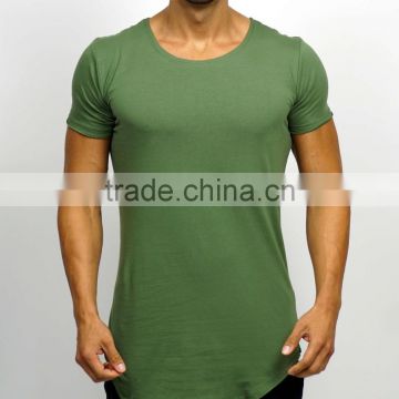 Olive Green Mens 94% Cotton 6% Elastane Gym Fitted T Shirt Scoop Neck Longline T Shirt Fashion Cuved Hem Tee OEM