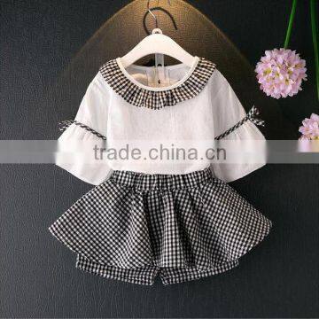 Kids Clothes Speaker Sleeve White Shirt Round Collar Match Gingham Skirt Short Pants Fashion Clothing Set For Children