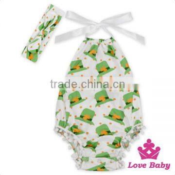 St.Patricks Day Fancy Baby Boutique Outfits Pictures Kids Wearing Jumpsuit Printed Hairball With Rabbit Ear Headband Romper