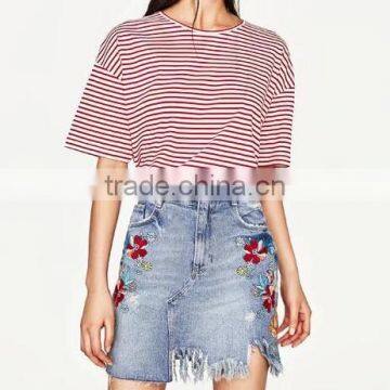 Runwaylover 131 Ladies 2017 Fashion High Waist Embroidery Denim Skirt