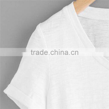 Plain white and grey pure cotton Roll Cuff Ruffle Trim Slub T-shirt