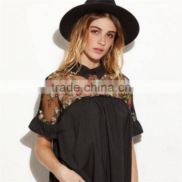 Hot Sell Embroidered Ruffle Cuff Sheer Tie Back Blouse Neck Designs Cutting photo-5