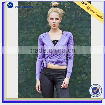 2016 Fashion wholesale Gray Bandage Surplice Neck Chinlon Cropped Jacket for womens
