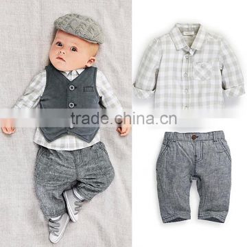 2016 Baby Boy Clothing sets Cotton Boy Suit With Vest And Grid Tops Grey Pants Infant Wear Kids Clothes Child Apparel