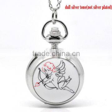 Silver Tone Necklace Chain Enamel Cupid Quartz Pocket Watch 88cm (34-5/8"),sold per pack of 1,8seasons