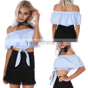 B33763A 2017 hot women summer fashion bow tie blue striped t shirts