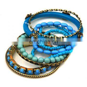 9ps/set Trendy New Handmade Colorful Beads Women's Texture Metal Bangle