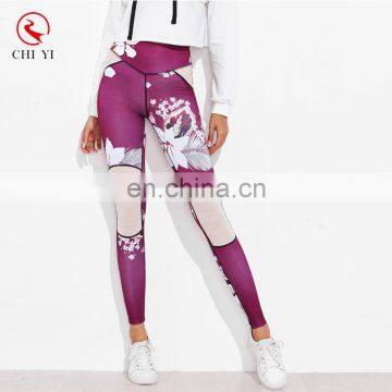 Contrast Mesh Panel Botanical Print Fashion Fitness Leggings For Women