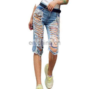 TWOTWINSTYLE Spring Ripped Hole Knee Length Denim Pants Women High Waist Irregular Slim