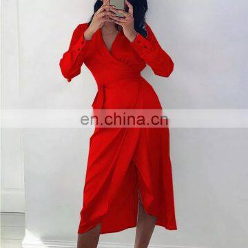 LAITE D2196 Hot Sales Satin Solid Color V-neck High Waist Sexy Dresses Women High Split Maxi Casual Dresses photo-5