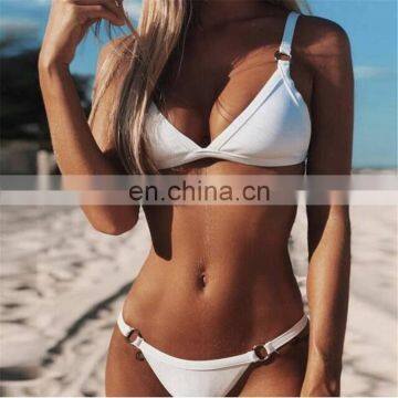 Women Sexy Summer Solid Red Black Padded Bra Beach Swim Bikini Set Metal Ring Swimsuit Sexy Low Waist Swimwear Brief Micro Thong