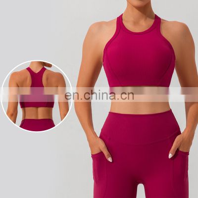 Ribbed High Impact Backless Crop Sports Bras Women Racer Back Custom Crop Gym Tops 75nylon 25spandex