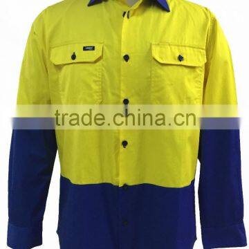 Workwear Long sleeve cotton elastance Hi Vis yellow woven working shirt