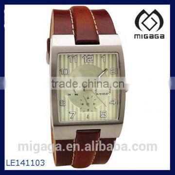 Mens Multifunctions, Day Date, Beige Dial, Brown Leather Strap, Classic Watch Brown Curved Leather Strap Mens Classic Watch