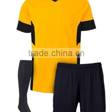 Soccer Shirt Shorts and Socks made of 100% Polyester Moisture Wicking fabric with Gold Yellow & Black color combination