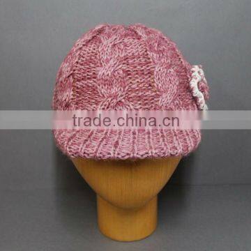 LADIES KNITTED HAT WITH BRIM/LADIES WINTER BEANE HAT/KNITTED BEANIE HAT/CABLE DESIGN HAT