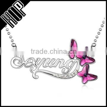 Best selling fashion metal silver letter rose diamond butterfly pendant