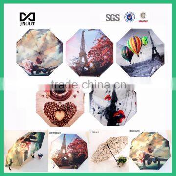 customized pictures print ODM auto open close parasol travel 3 folding beautiful umbrella