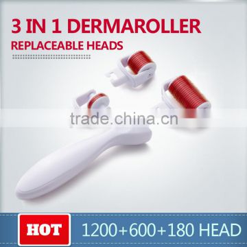 3 in 1 Dermaroller Kit 180 needles+ 600 needles+ 1200 needles for eye, face, body replaceable head technology