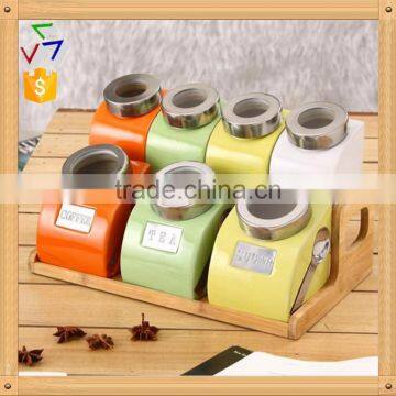 Export to Turkey Colourful Ceramic Porcelain Canister Set,ceramic Canister,storage Jar,ceramic Jarwith Spoon & Bamboo Stand photo-1