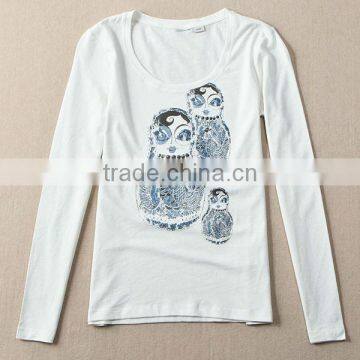 polyester cotton Autumn t shirt women, long sleeve white printed t shirt